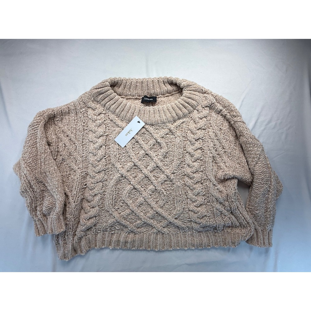 Aakaa Womens Chenille Cable Knit Sweater Tan Beige Chunky Pullover Size L NWT